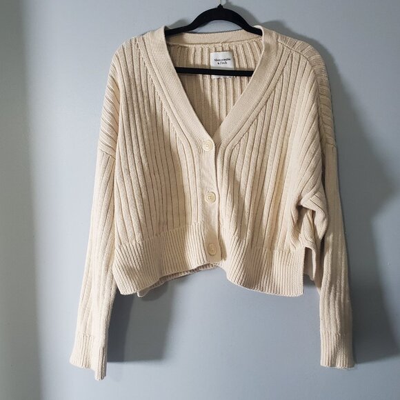 Abercrombie & Fitch Cropped Ribbed Cardigan Cream Preppy Y2K Style Sweater S - Picture 10 of 10